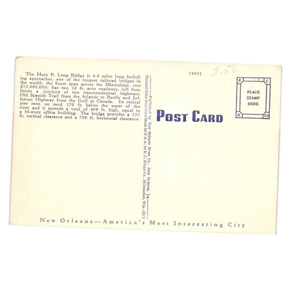 Huey P Long Bridge Postcard New Orleans Mississippi River Vintage Railroad View - Picture 2 of 2